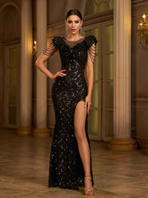 Black Sequin Chain Ruffled Cocktail Dress
